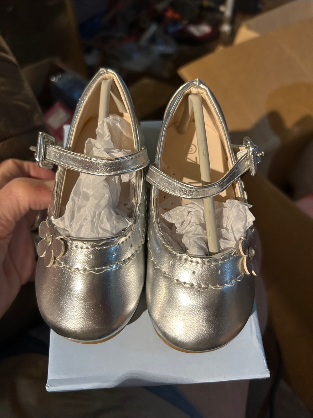 Girls Metallic Silver Mary Jane Dress Shoes with Floral Accent